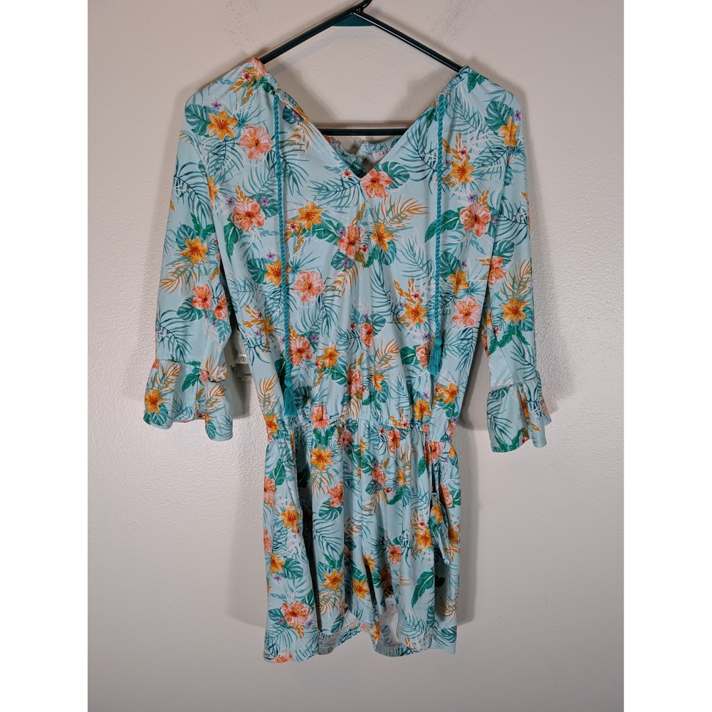 Cabana Life Women's L Tropical Floral Romper Blue Orange V-Neck Tassel Ruffle